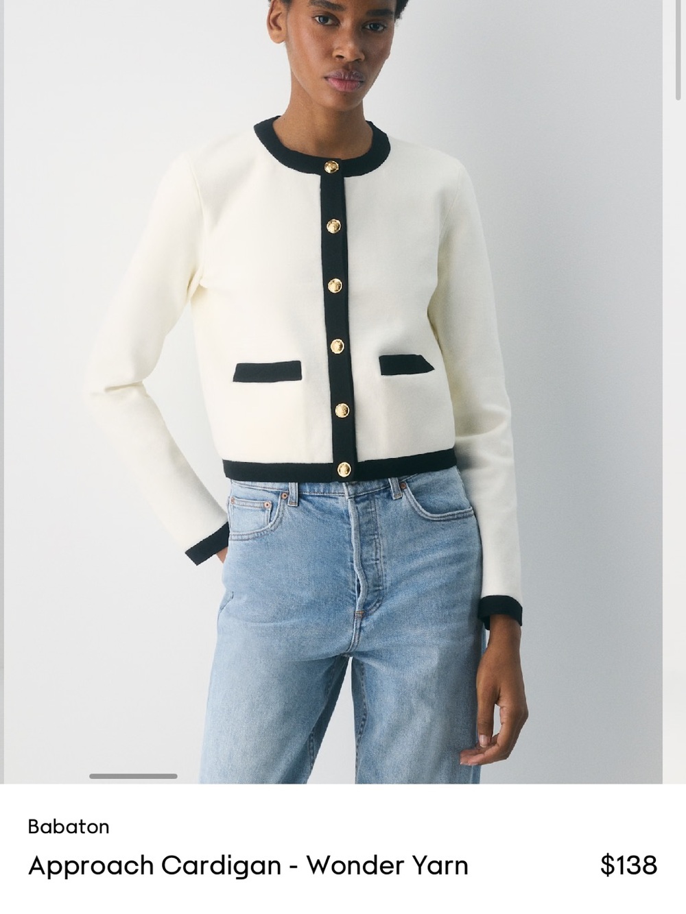 Aritzia Cream Cardigan with Black Trim and Gold Buttons